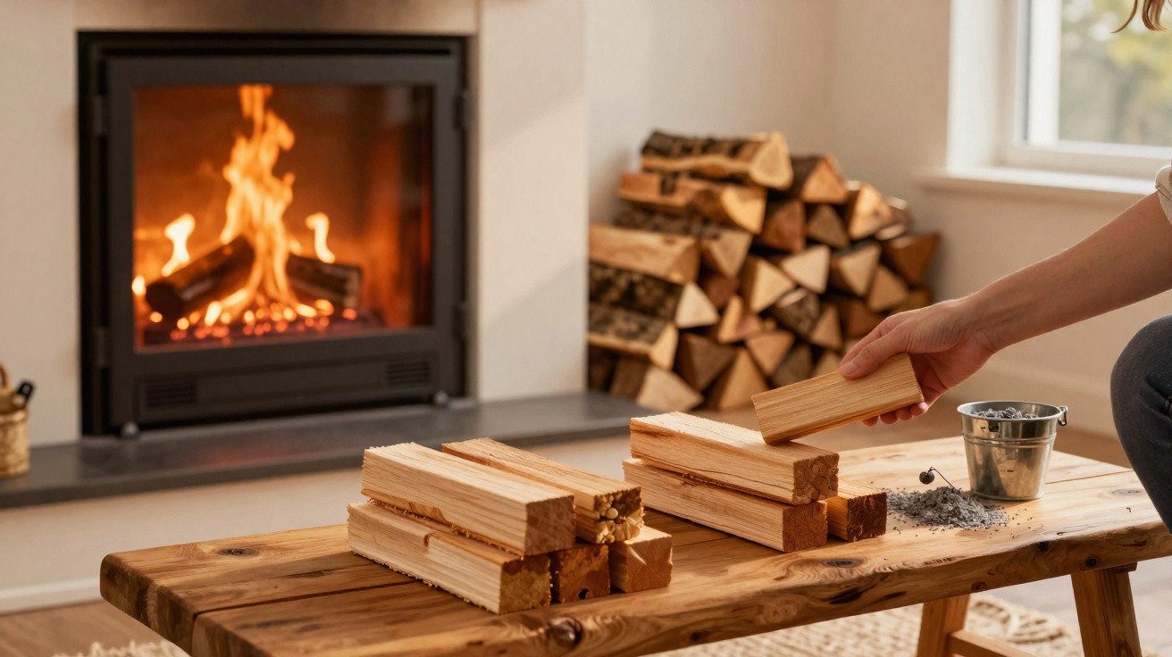 Hand placing firewood on a wooden table near a lit fireplace with stacked logs in the background.
