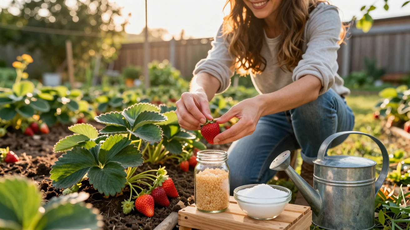 Woman picking ripe strawberries in a garden with a watering can and jars on wooden crate nearby.