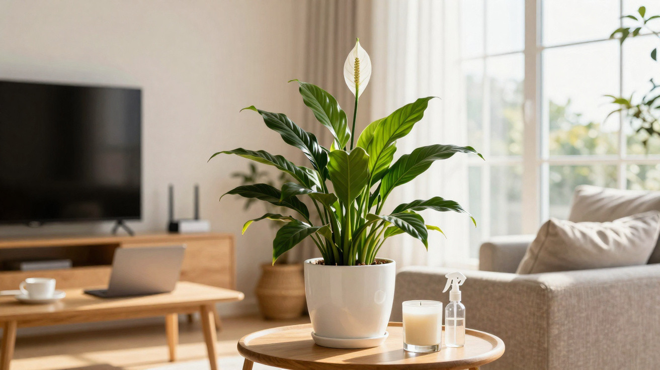 Peace lily plant in white pot on wooden table with candle and spray bottle in bright modern living room.