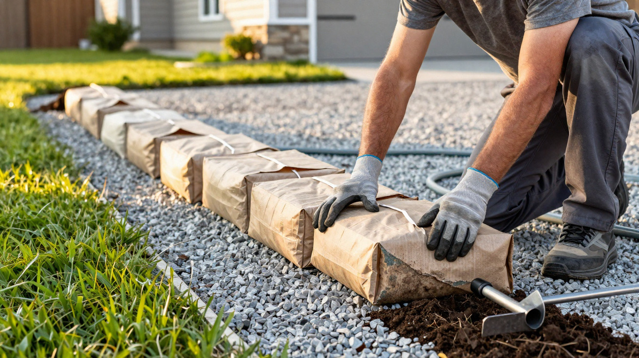 Person kneeling on gravel laying weed control fabric bags along a garden bed edge with grass nearby.