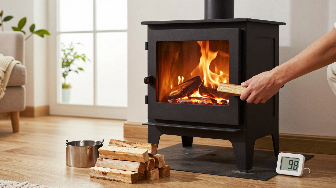 Hand placing firewood in a lit wood-burning stove next to a pile of logs and a digital thermometer reading 98.