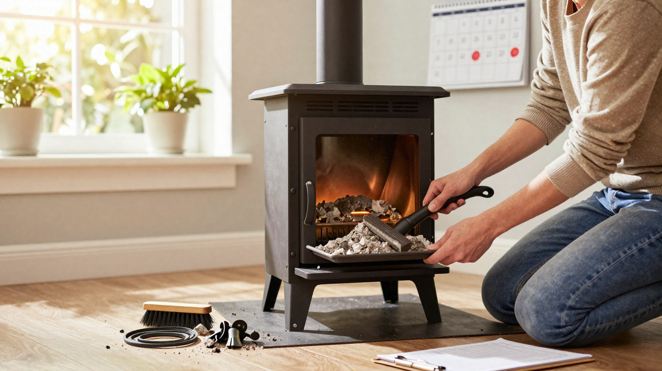 Person removing ashes from a lit wood-burning stove in a bright, cosy room with houseplants and a calendar.