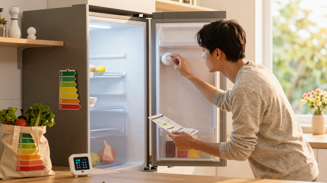 Man adjusting refrigerator thermostat while holding energy efficiency label in a bright kitchen.