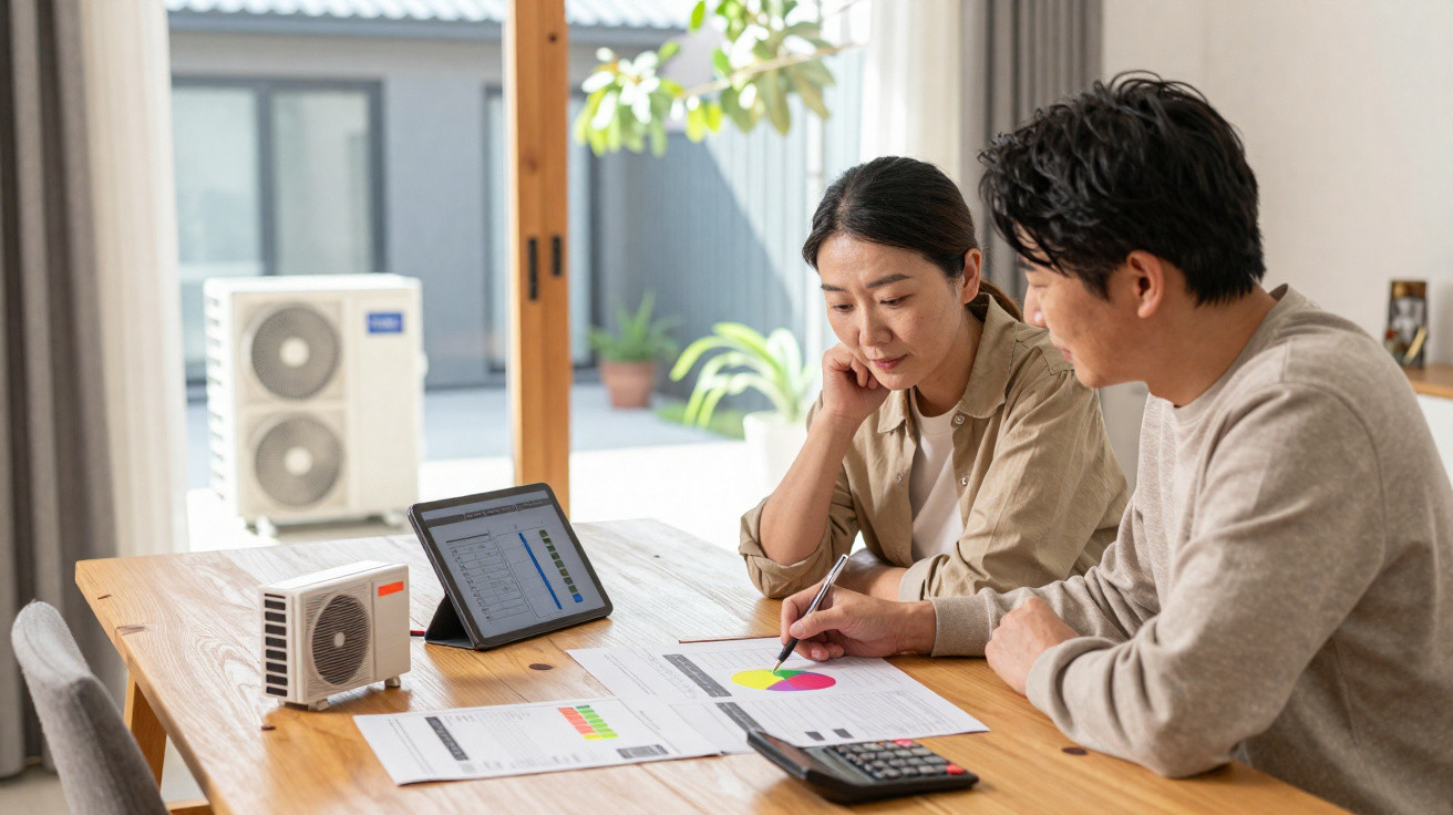 Two people reviewing colour coded charts and data at a wooden table with a tablet and calculator.