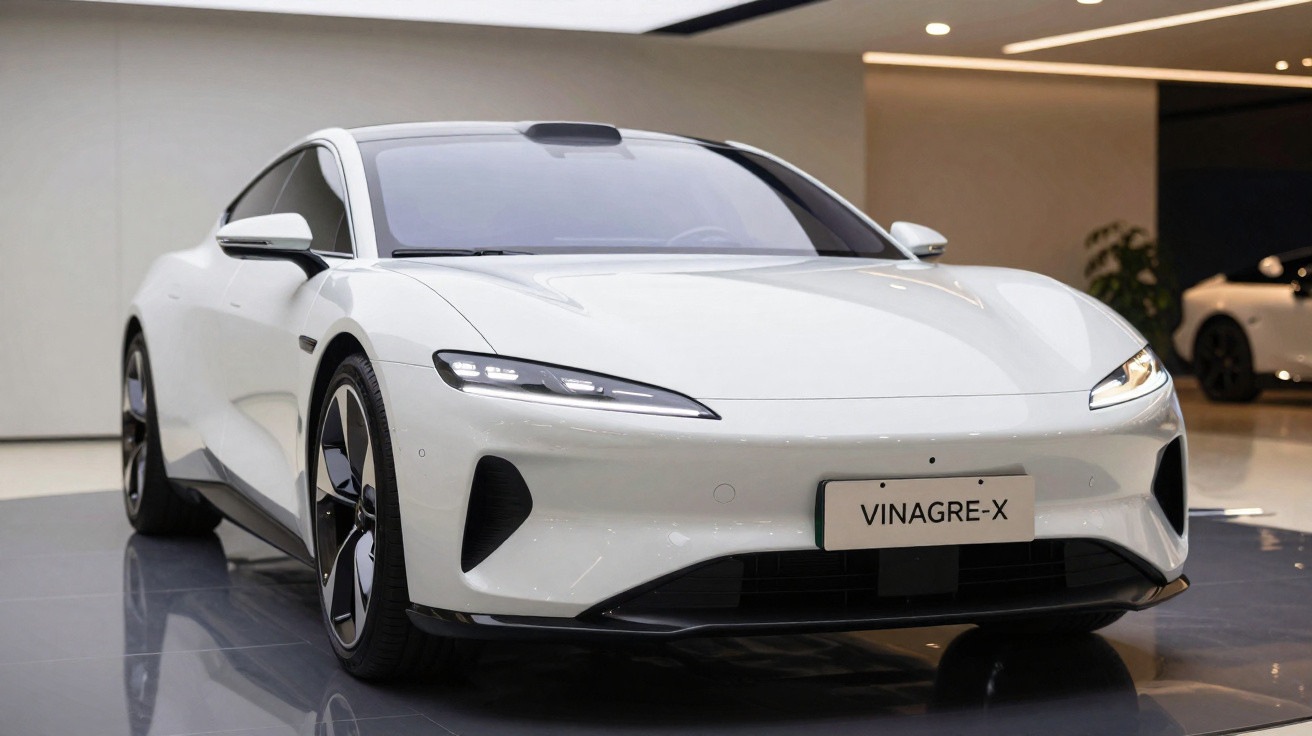 White Vinagre-X electric sports car displayed indoors with sleek, aerodynamic design and LED headlights.