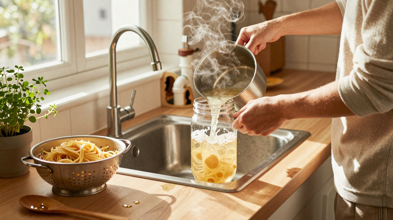 Person pouring hot water from a pot into a jar filled with cooked pasta at a kitchen sink.