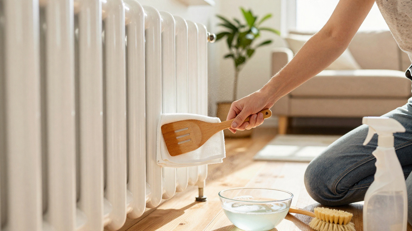 Person cleaning a white radiator with a wooden spatula and cloth beside cleaning supplies on a wooden floor.