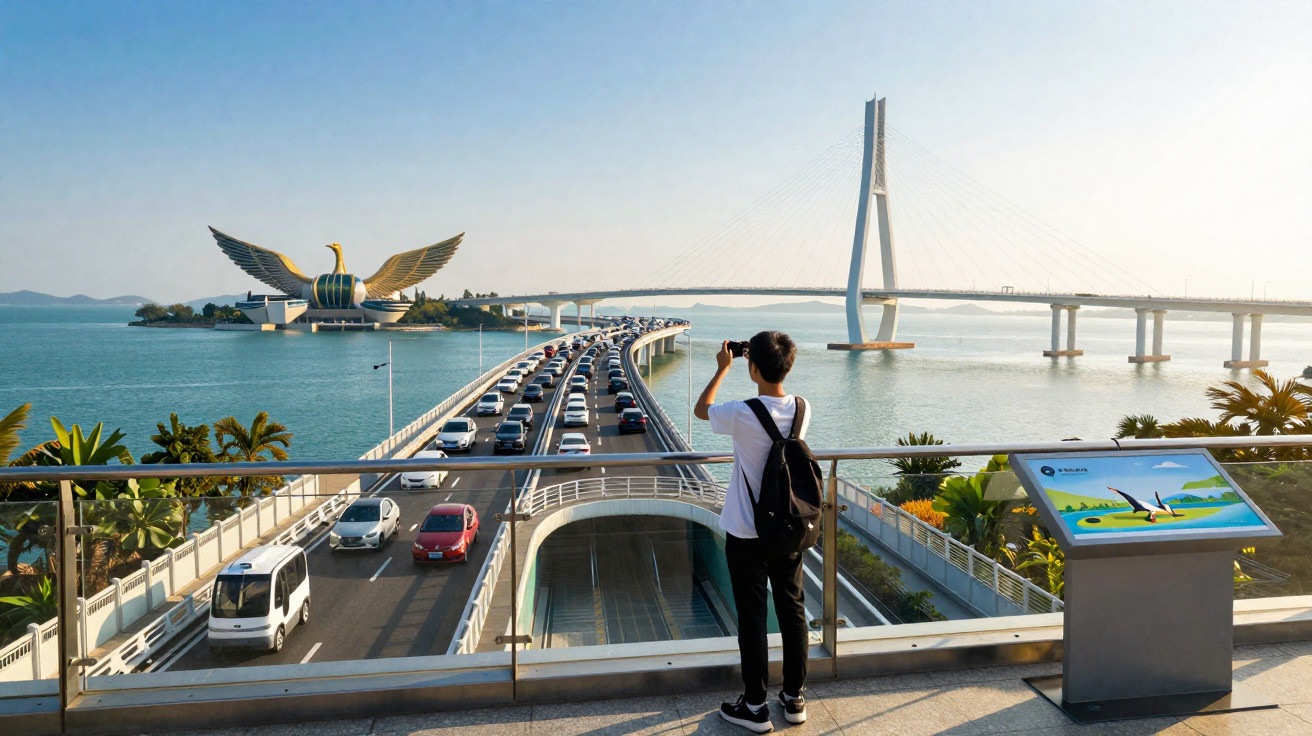 Person photographing busy bridge over water with large golden bird statue and cable-stayed bridge in background.