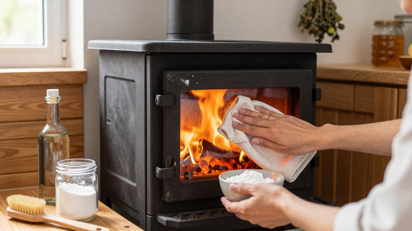 Person cleaning the glass door of a lit wood-burning stove with a cloth in a cozy kitchen.