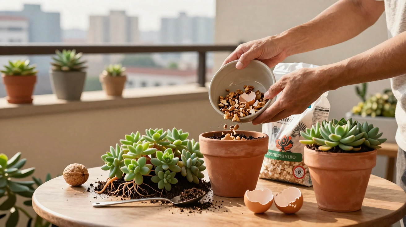 Hands pouring eggshells and nutshells into a terracotta pot for succulent plant care on a wooden table outdoors.