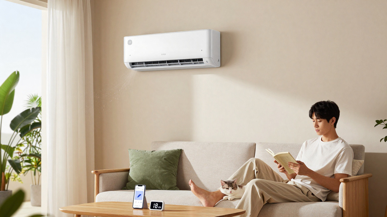 Man sitting on sofa reading a book with a cat, under a wall-mounted air conditioner in a bright living room