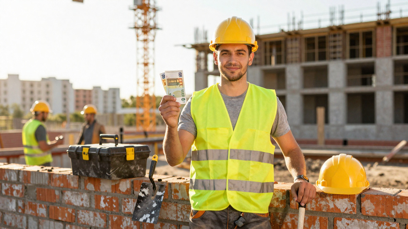 Construction worker in yellow helmet and reflective vest holding euro notes at a building site.