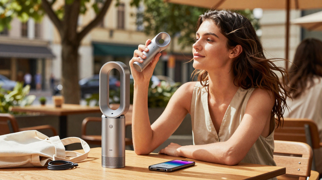 Woman sitting at a table outdoors using a handheld fan with a bladeless tower fan and smartphone nearby.