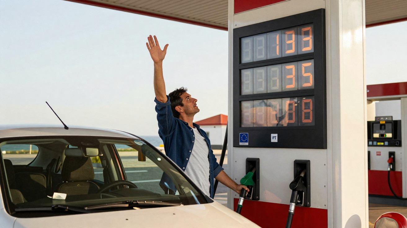 Man standing at a petrol station beside his car, holding a fuel pump and raising his arm in front of the price display.