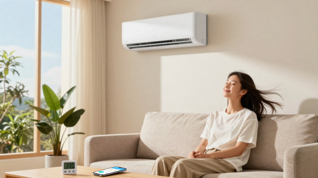 Woman relaxing on a sofa feeling cool air from a wall-mounted air conditioner in a bright living room.