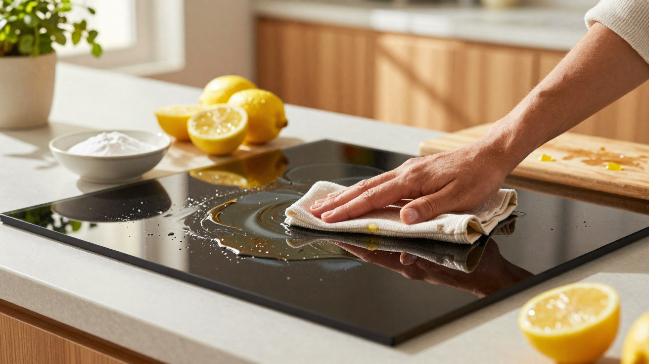 Hand wiping a black stovetop with a cloth next to lemons and a bowl on a kitchen counter.