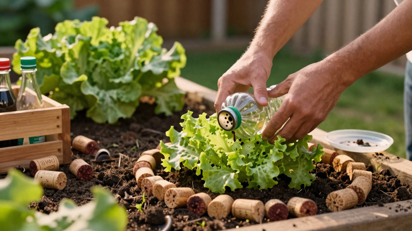 Hands sprinkling water on lettuce growing in a raised garden bed decorated with wine corks outdoors