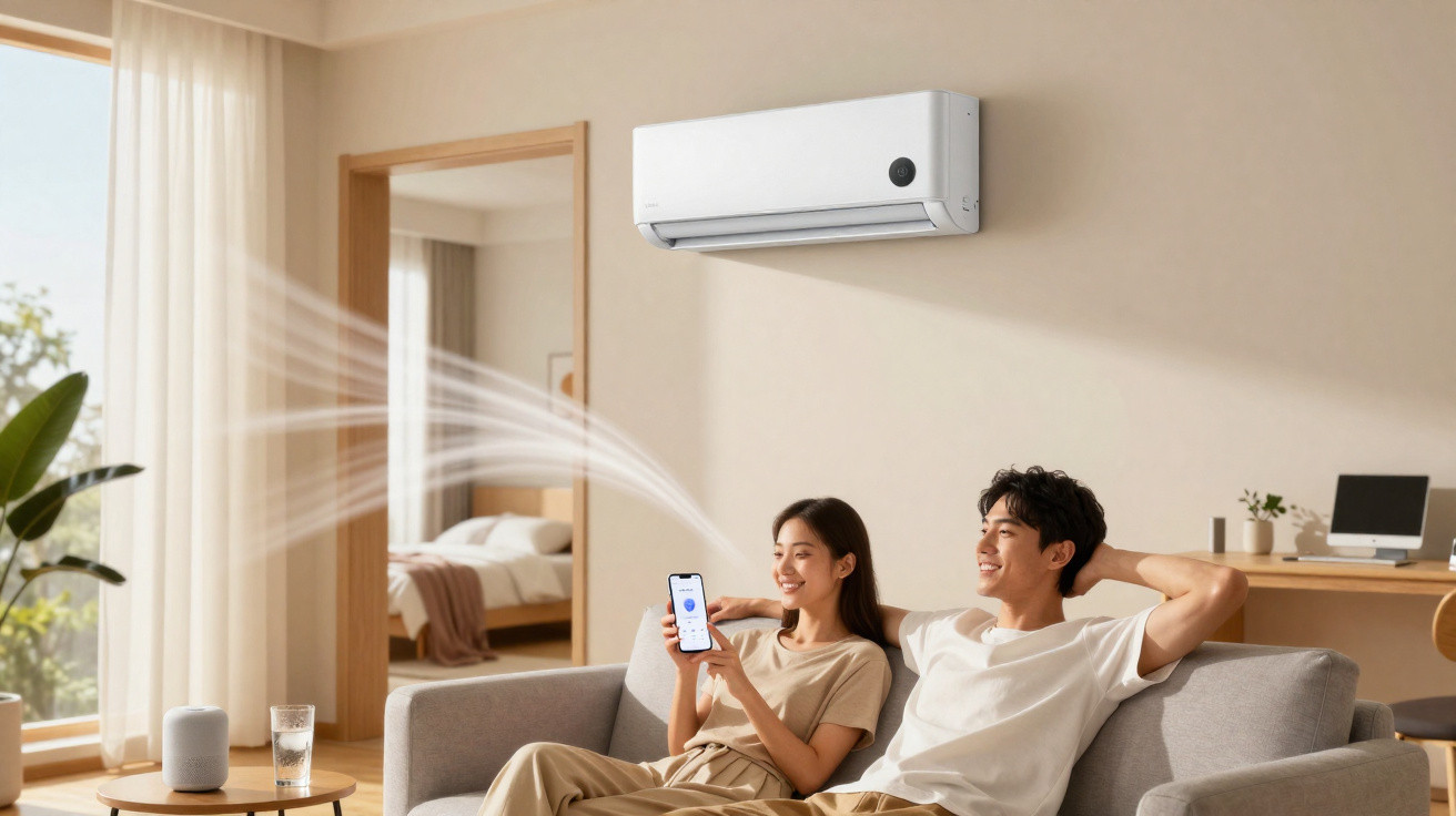 Couple relaxing on sofa controlling wall-mounted air conditioner with smartphone in bright modern living room.