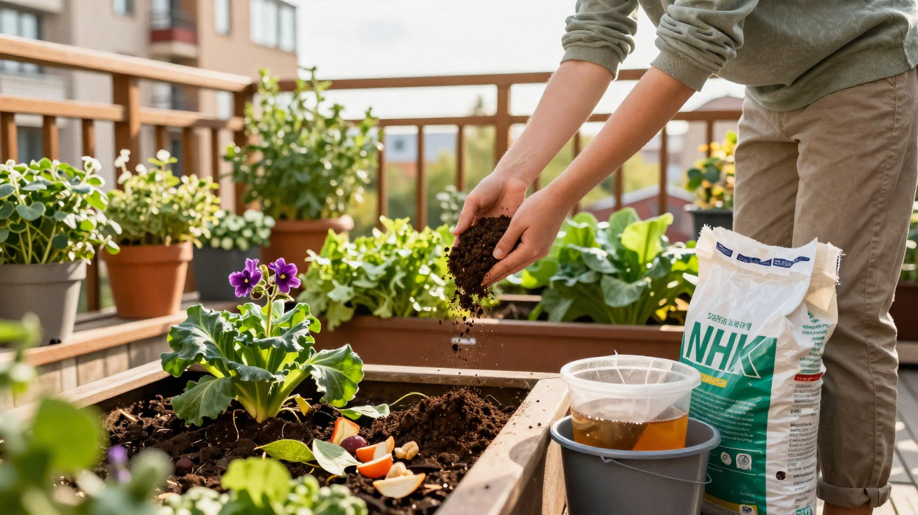 Person adding soil to a raised garden bed with flowers and gardening supplies on a balcony.