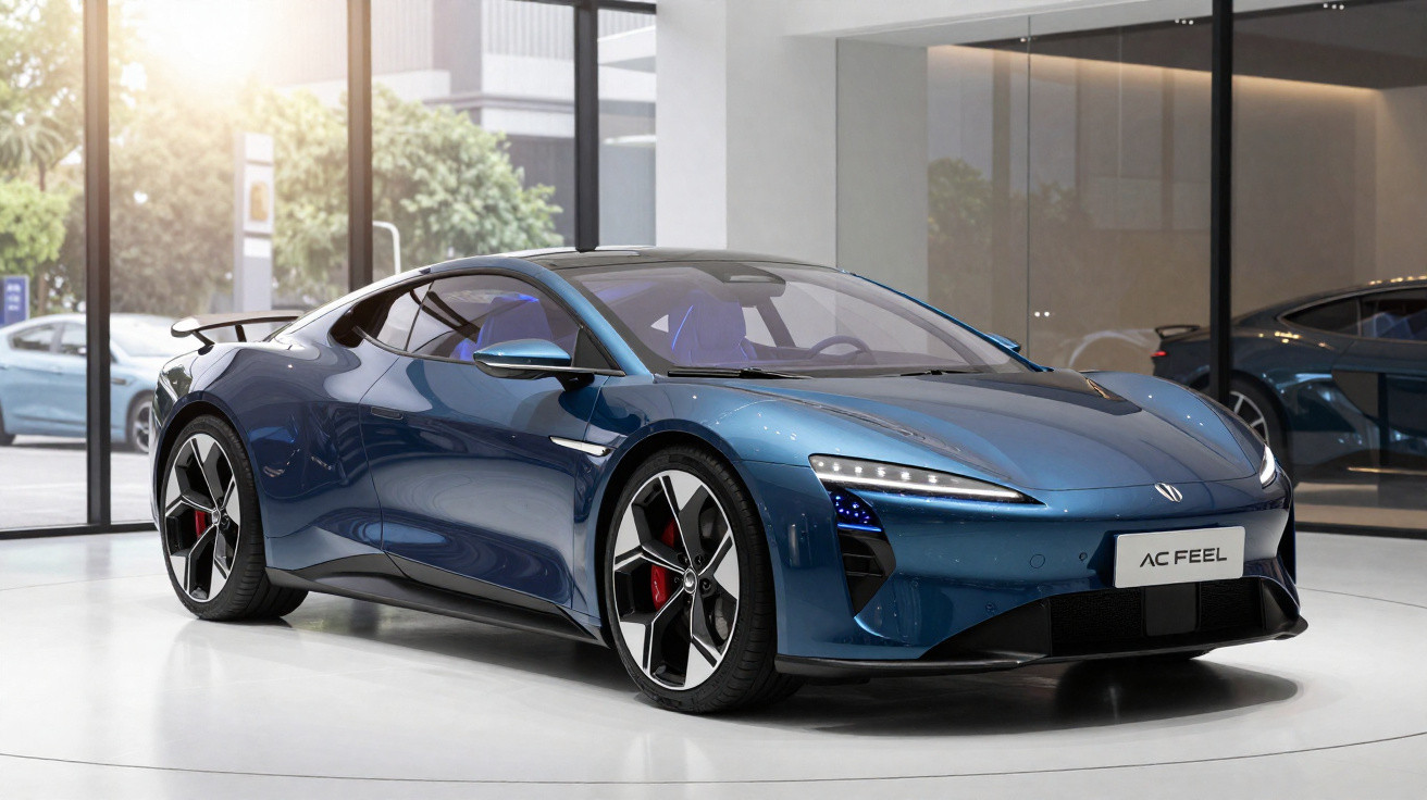 Blue AC Feel electric sports car displayed indoors with large windows and modern décor.