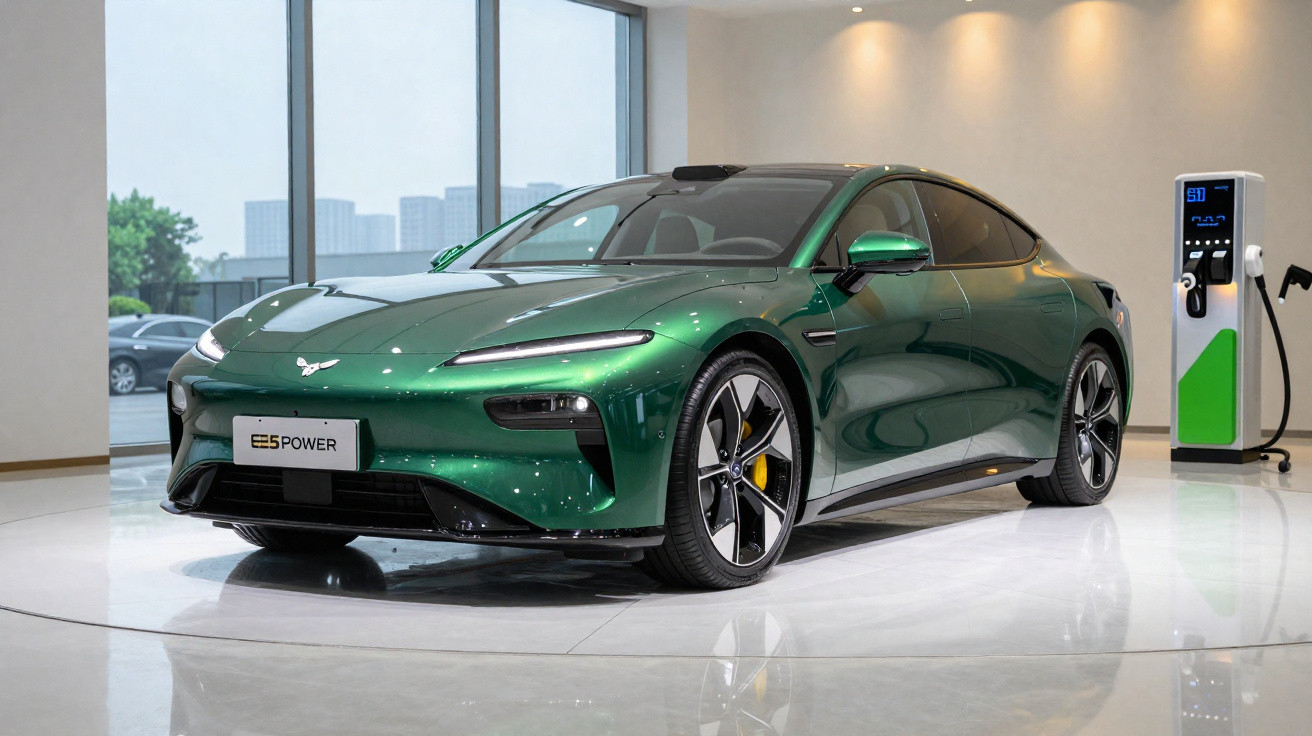 Green electric sports car on display indoors next to a charging station, with large windows in the background.