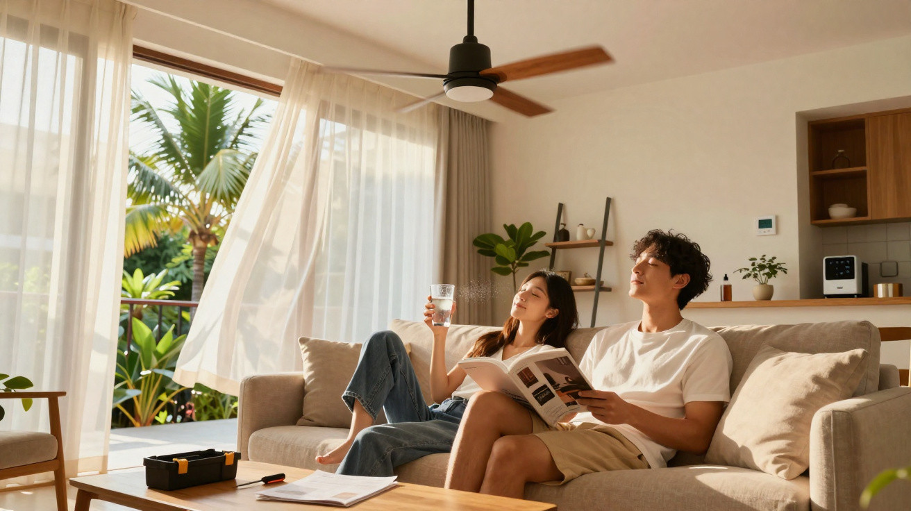 Young couple relaxing on a sofa in a bright living room with open curtains and ceiling fan spinning