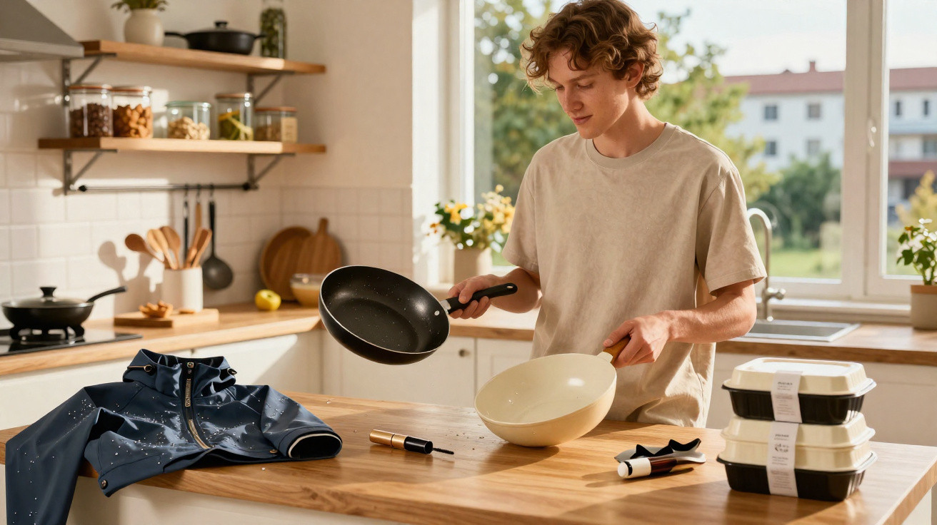 Young man cleaning frying pan in bright kitchen with takeout containers and waterproof jacket on wooden counter.