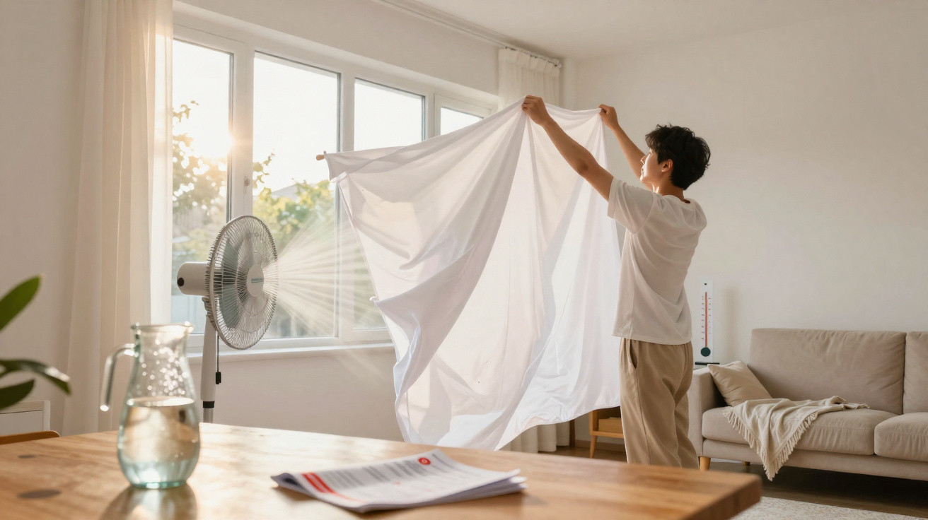 Person drying a white sheet indoors using an electric fan beside a bright window in a modern living room.