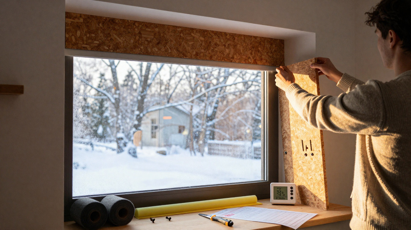 Person installing insulation board on interior window frame in a snowy winter setting.