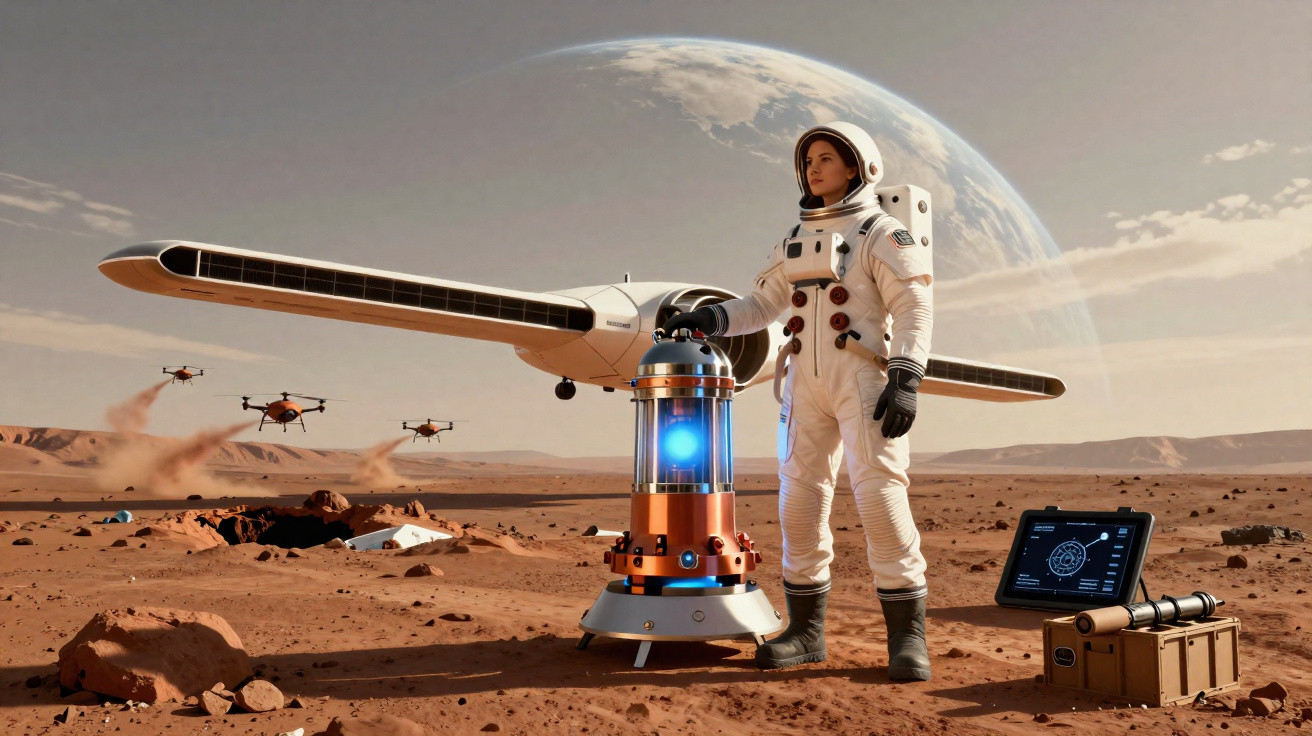 Astronaut on Mars with advanced drone aircraft, scientific equipment, and distant Earth in sky.