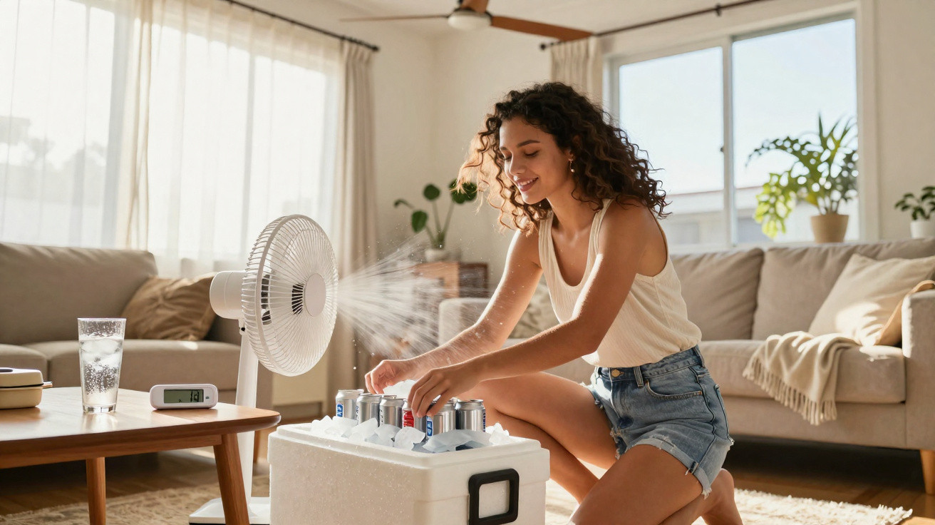 Young woman cooling drinks in a cooler box with a fan blowing air in a bright living room.