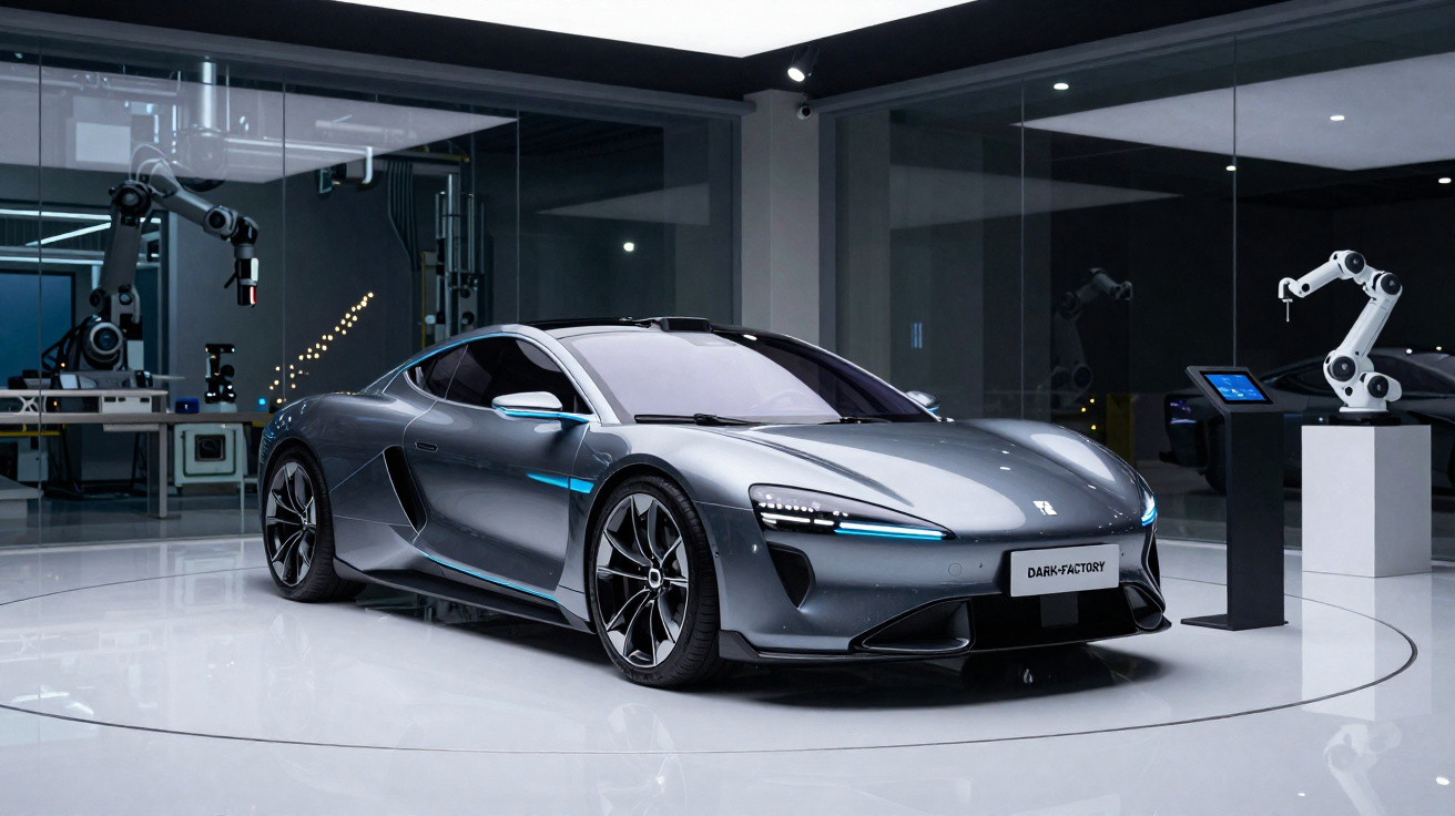 Sleek grey electric sports car displayed in a modern showroom with robotic arms in the background.