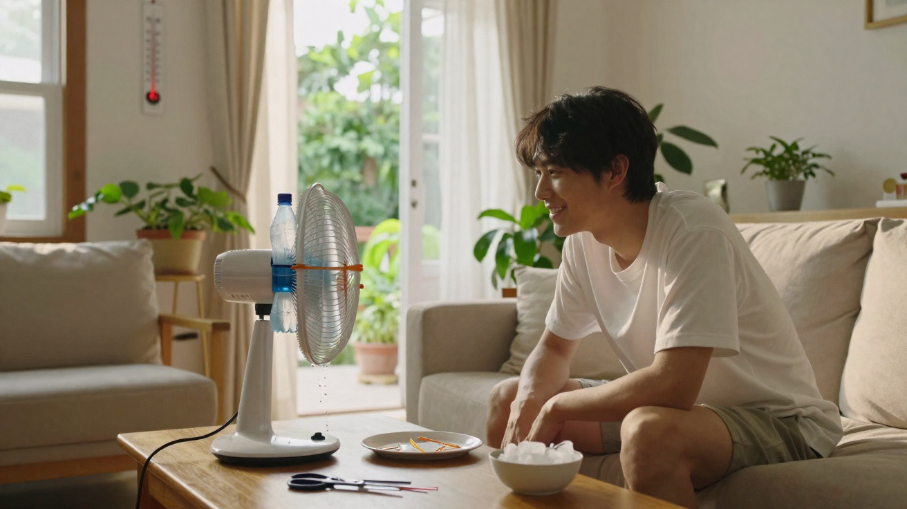 Young man watching a plastic bottle attached to a fan blow water droplets in a bright living room.