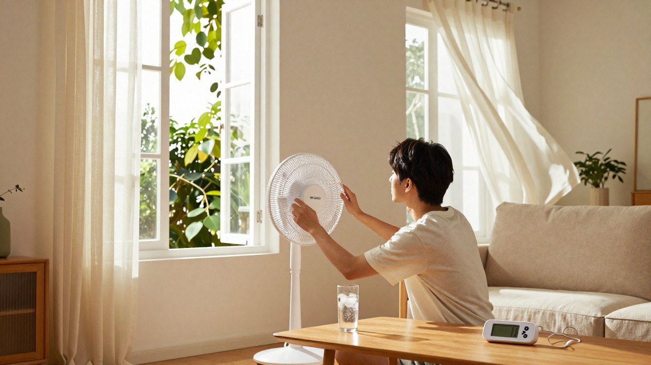 Person adjusting a standing electric fan near an open window in a bright, cozy living room.