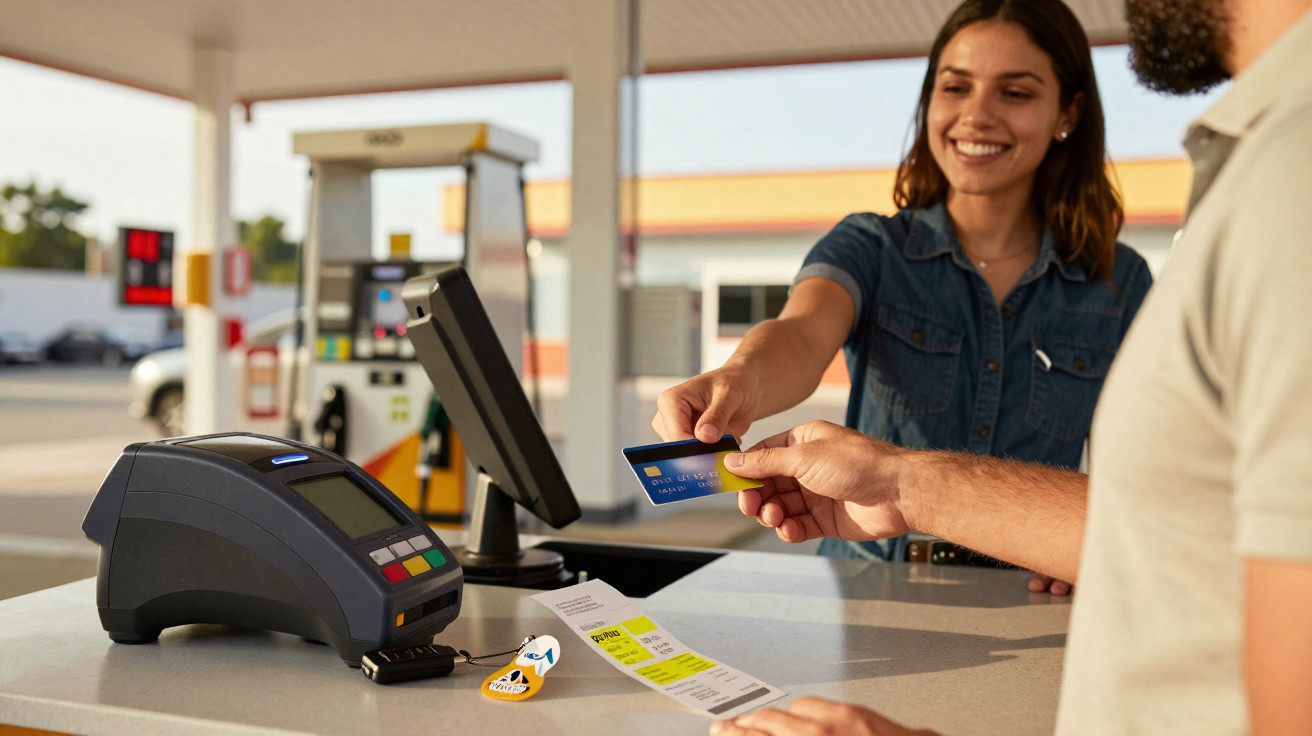 Woman at petrol station counter smiling as a man pays with a contactless card near a payment terminal.