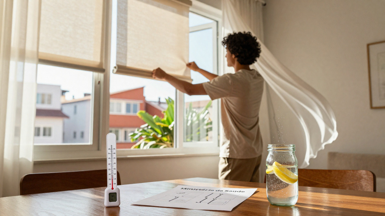 Person opening window blinds in a sunlit room with a lemon water jar and thermometer on the table.
