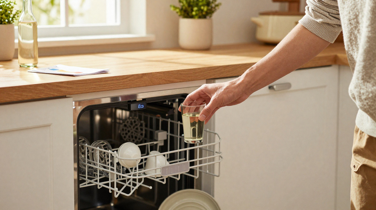 Person loading a glass with liquid into an open dishwasher in a bright kitchen.