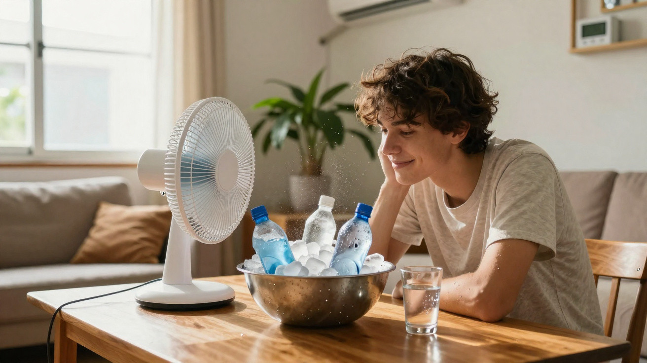Young man sitting at a table with a fan blowing on ice-filled bowl holding water bottles and a glass of water nearby.