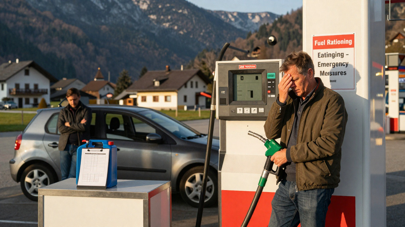 Man holding petrol pump looking distressed at fuel station with another man waiting beside a car in rural setting.