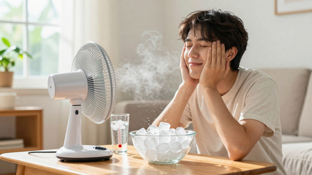 Young man cooling down with a fan, ice cubes in a bowl and a glass of iced water on a wooden table