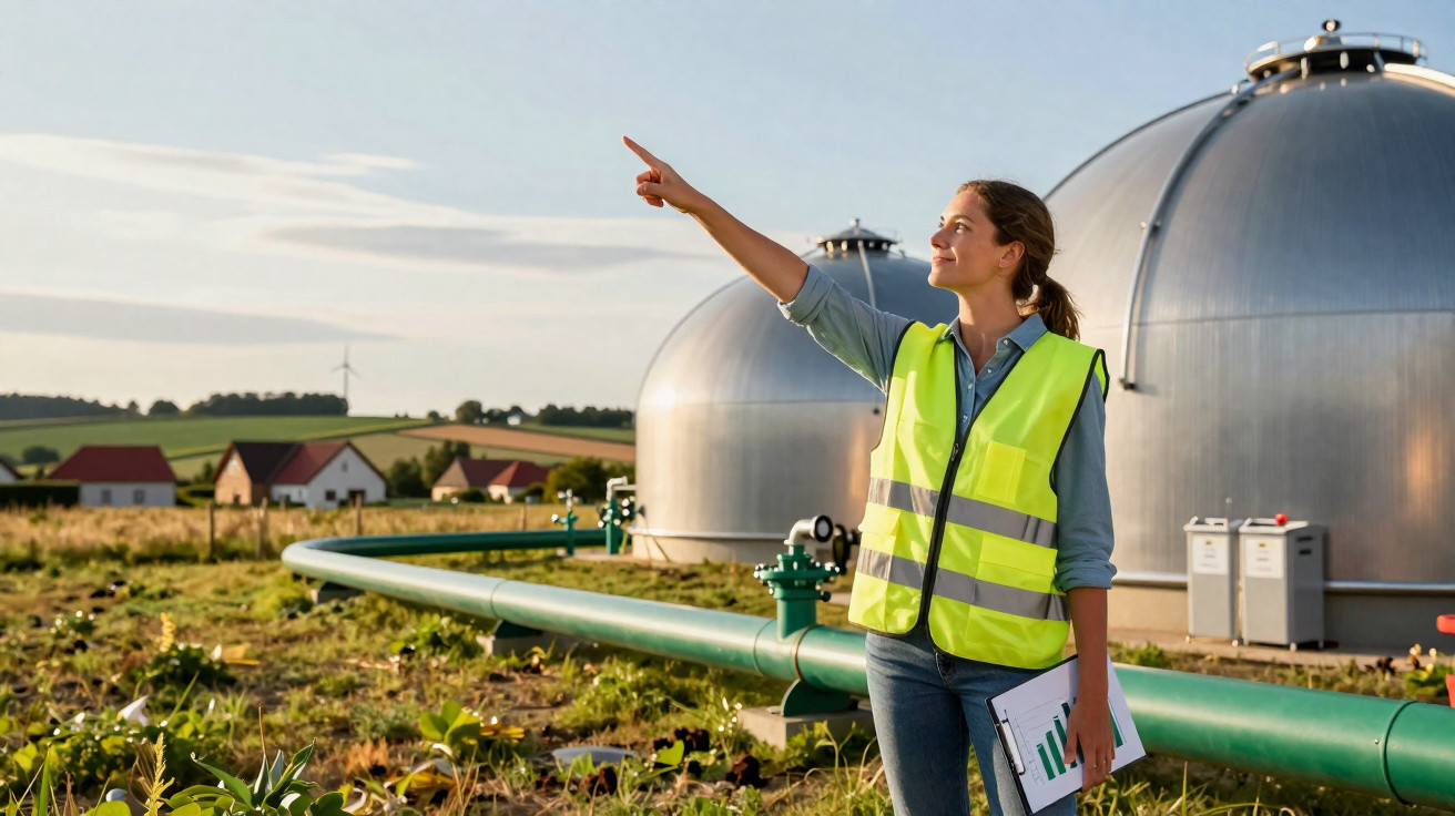 Woman in a hi-vis vest pointing while standing near large biogas storage tanks in a rural landscape.