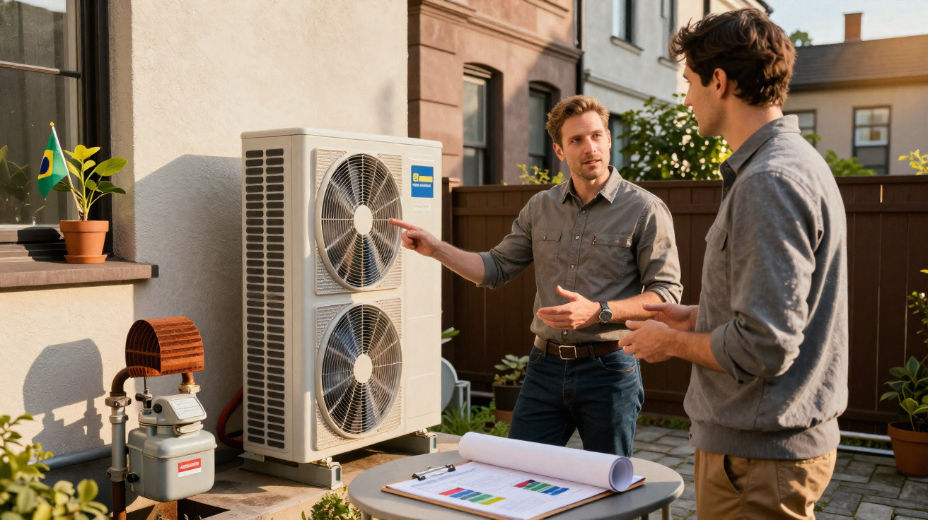 Two men discussing an air conditioning unit outside a residential building on a sunny day.