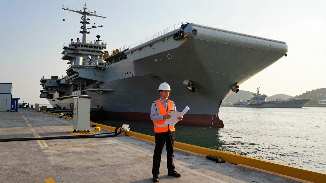 Man in hard hat and orange vest holding documents stands on dock beside large aircraft carrier ship.