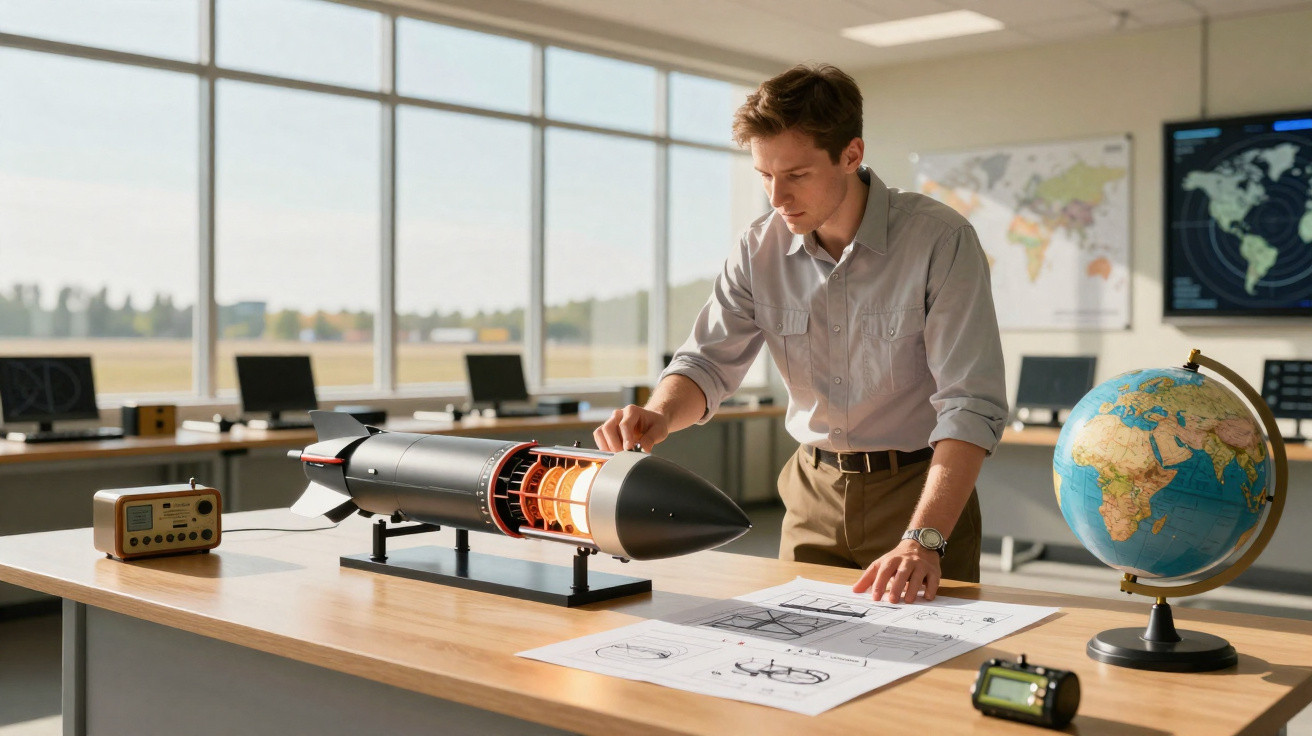 Engineer examining a missile model with blueprints on a table in a bright office with world maps and a globe.