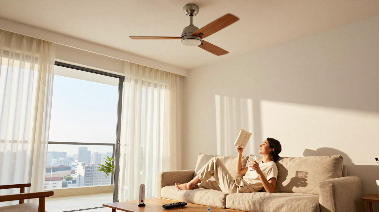 Woman relaxing on a beige sofa reading a book and holding a glass in a bright living room with city views.