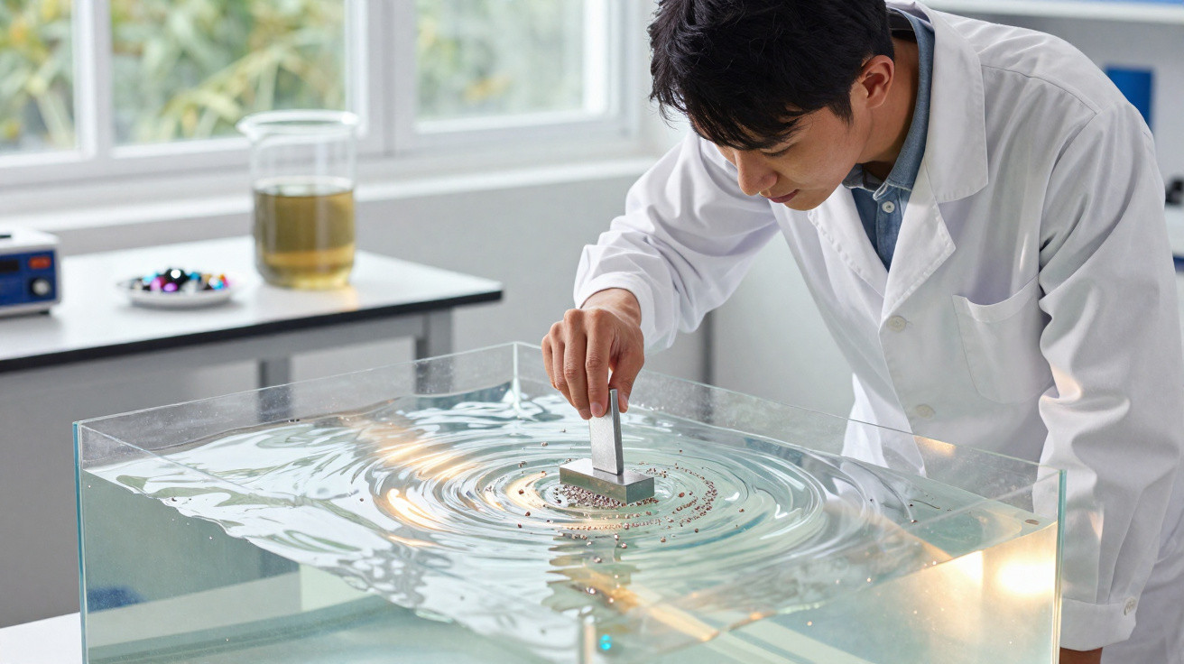 Scientist in white lab coat creating ripples in water using a metal object in a glass tank in a laboratory.