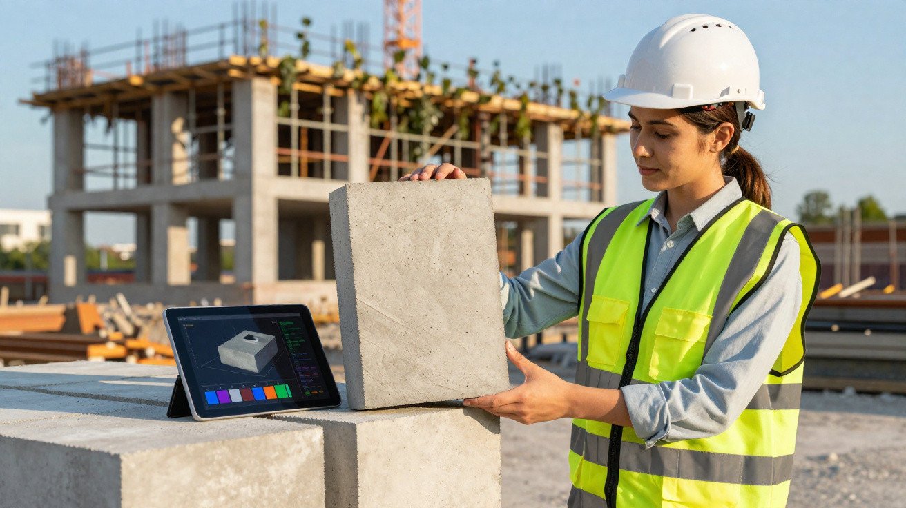 Female construction engineer with hard hat and hi-vis vest inspecting concrete block at building site.