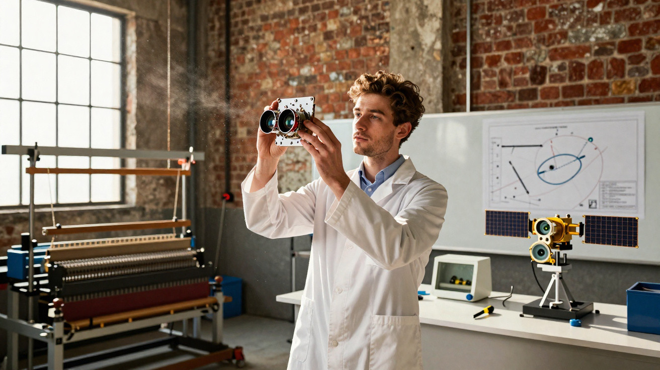 Scientist in white coat examining a mechanical device in an industrial-style laboratory with technical equipment.