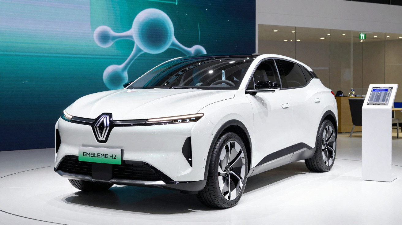 White Renault Embleme H2 electric SUV displayed at an indoor auto show with a science-themed background.