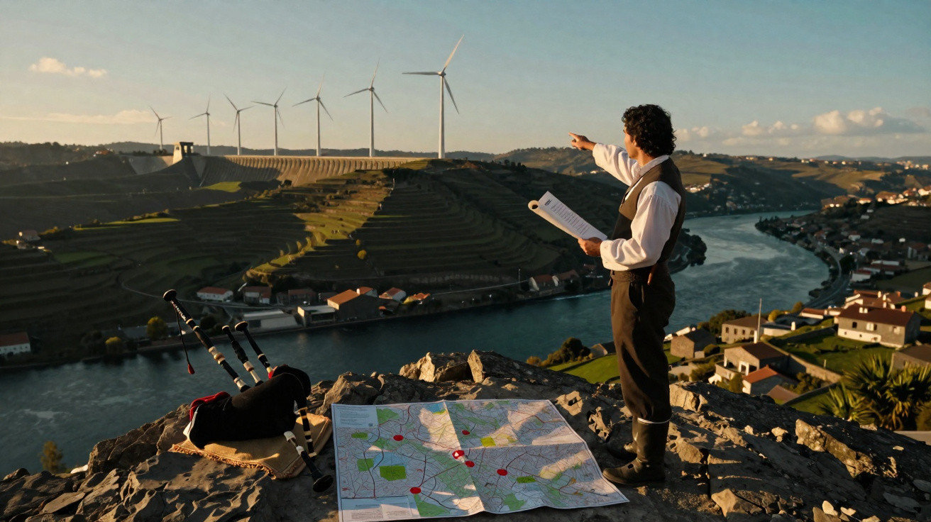 Person in traditional clothing pointing towards wind turbines overlooking a river valley with a map and bagpipes on rocks.